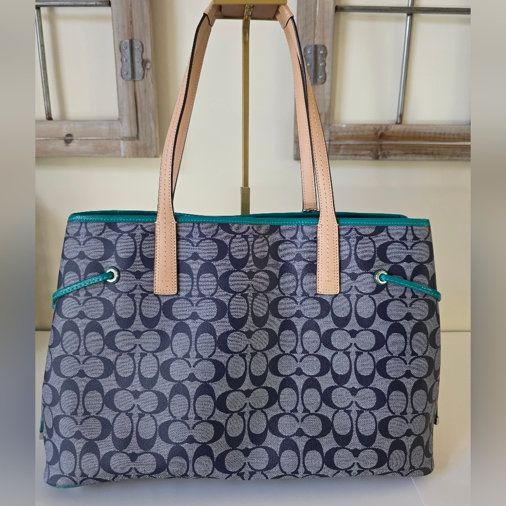 Coach Signature Stripe Large Carryall Tote-Navy Denim Look, Jade Green Stripe - Picture 7 of 16